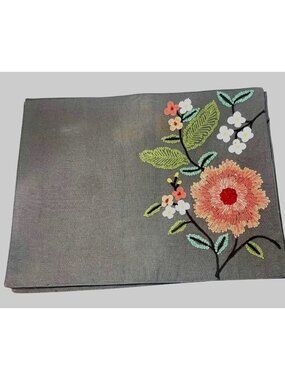 Set of 4 Floral Embroidered Gray Fabric Table Placemats with Colorful Blossoms &